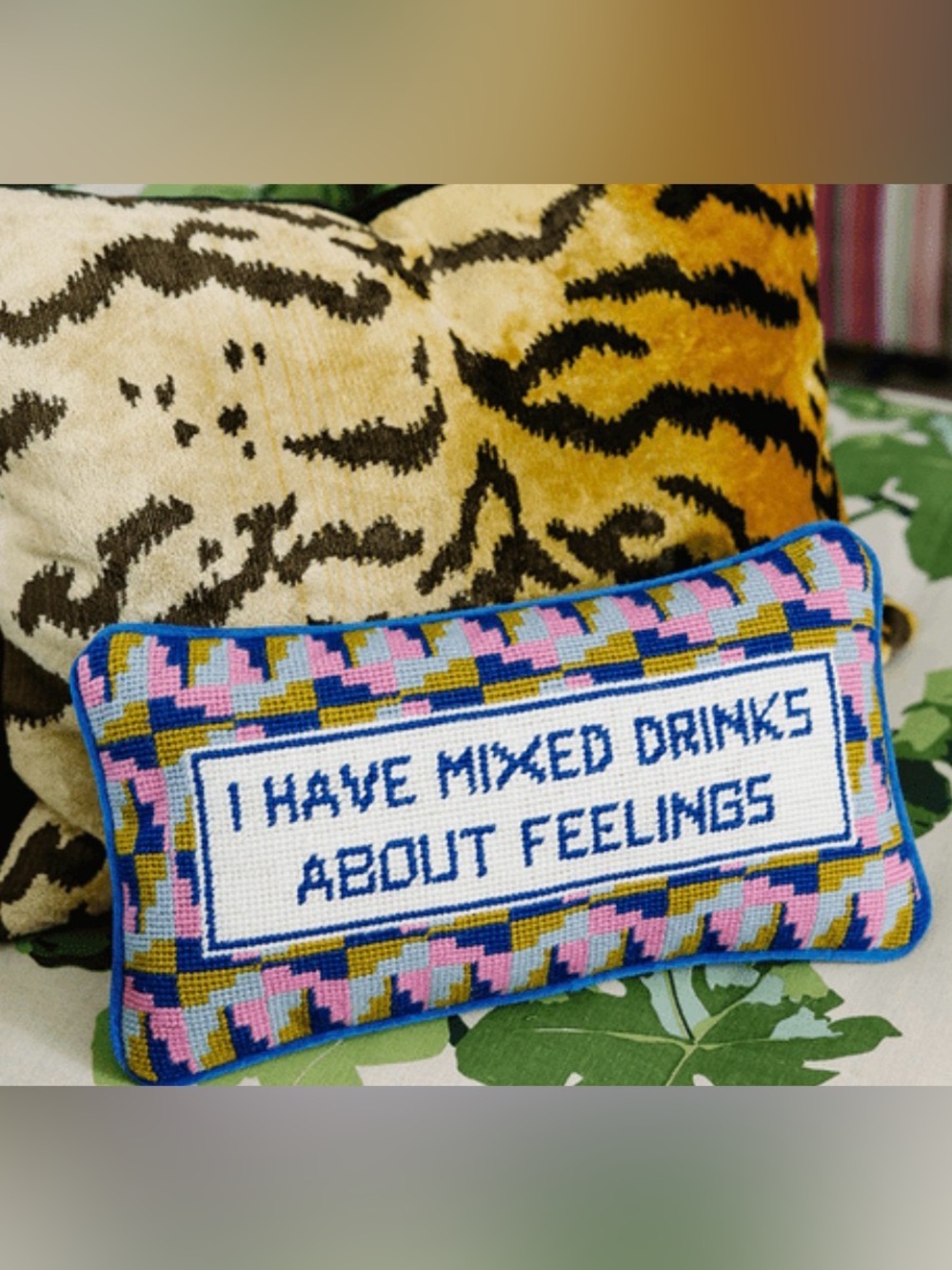 NWT “I have mixed drinks about feelings” needlepoint pillow by Furbish